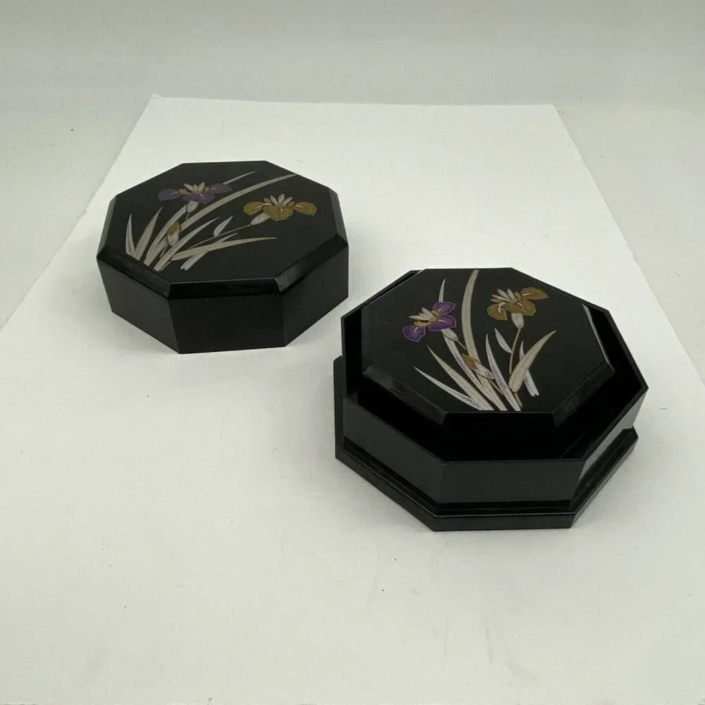 VTG Yamanaka Japan Lacquerware Nesting Boxes‎ Black Floral Trinket 2pc 70s *flaw